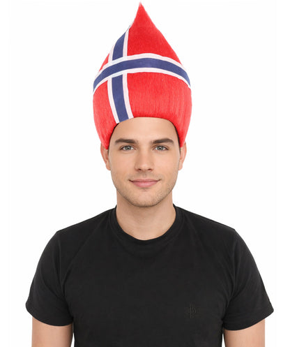 HPO Adult Unisex Norway Flag Troll Wig – Red White Navy Spiky Hair with Capless Cap | Fan Wig for Sports Events, National Celebrations & Parties