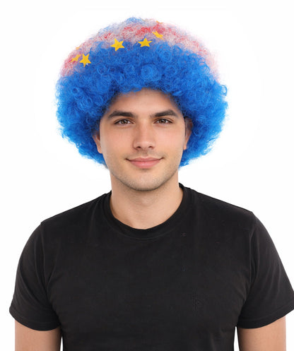 HPO Adult Unisex Cabo Verde Sports Clown Wig – Curly Flag-Themed Wig for Football Fans & Parades  | Synthetic Fiber Headpiece with Standard Cap