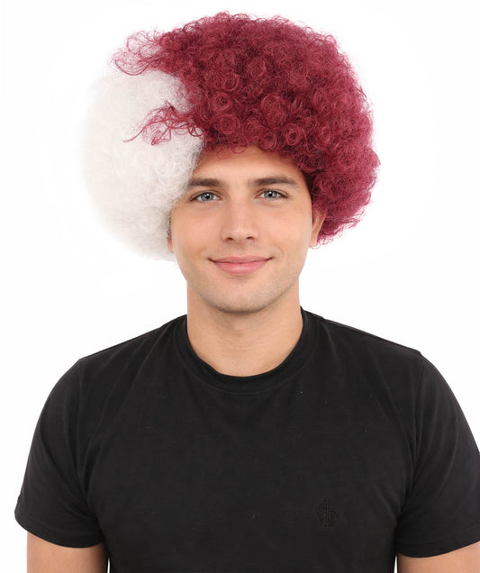 HPO Adult Unisex Qatar Flag-Inspired Curly Maroon & White Sport Clown Wig – Voluminous Curl with Standard Cap | National Colors for Sports, Festivals & Cosplay