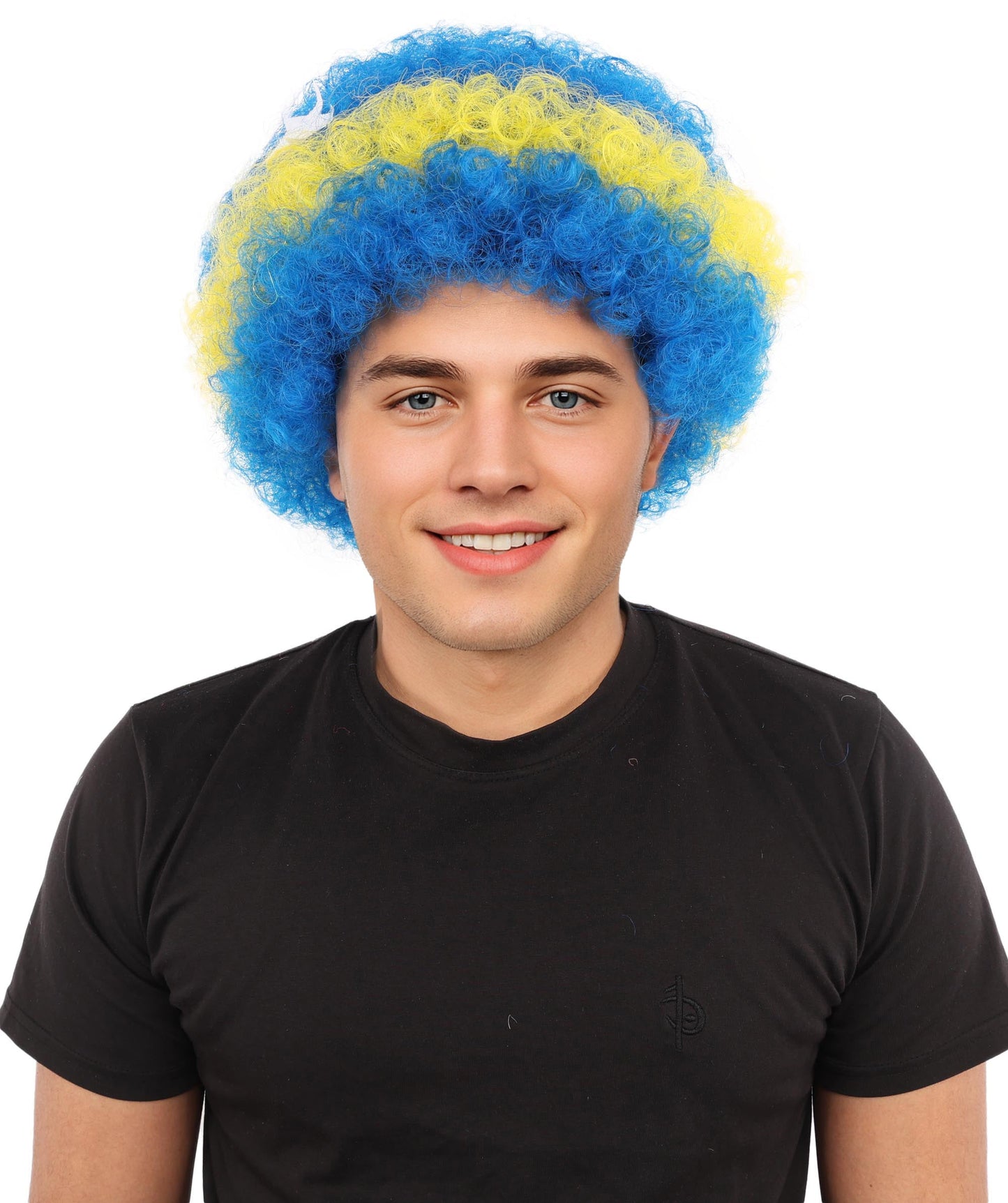 Curacao Flag Afro Wig | 11 Inch Blue Yellow Stripe White Stars Design | Sports Event National Holiday Parade Soccer Match Fan Gear