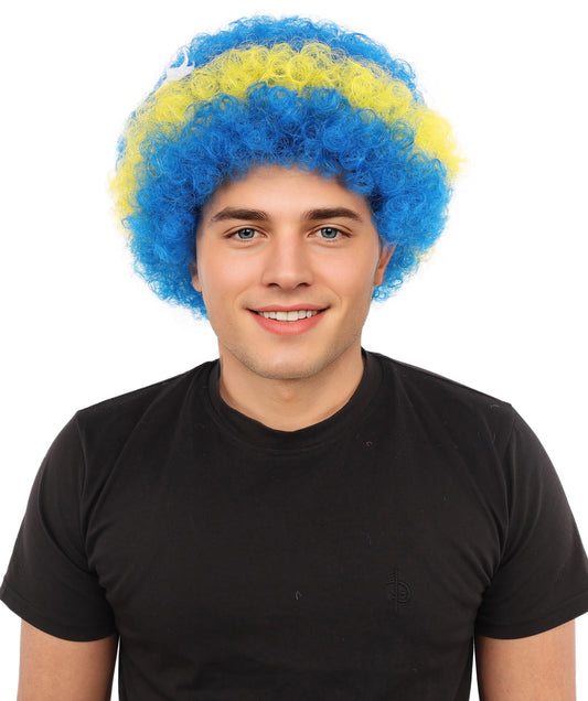 Curacao Flag Afro Wig | 11 Inch Blue Yellow Stripe White Stars Design | Sports Event National Holiday Parade Soccer Match Fan Gear