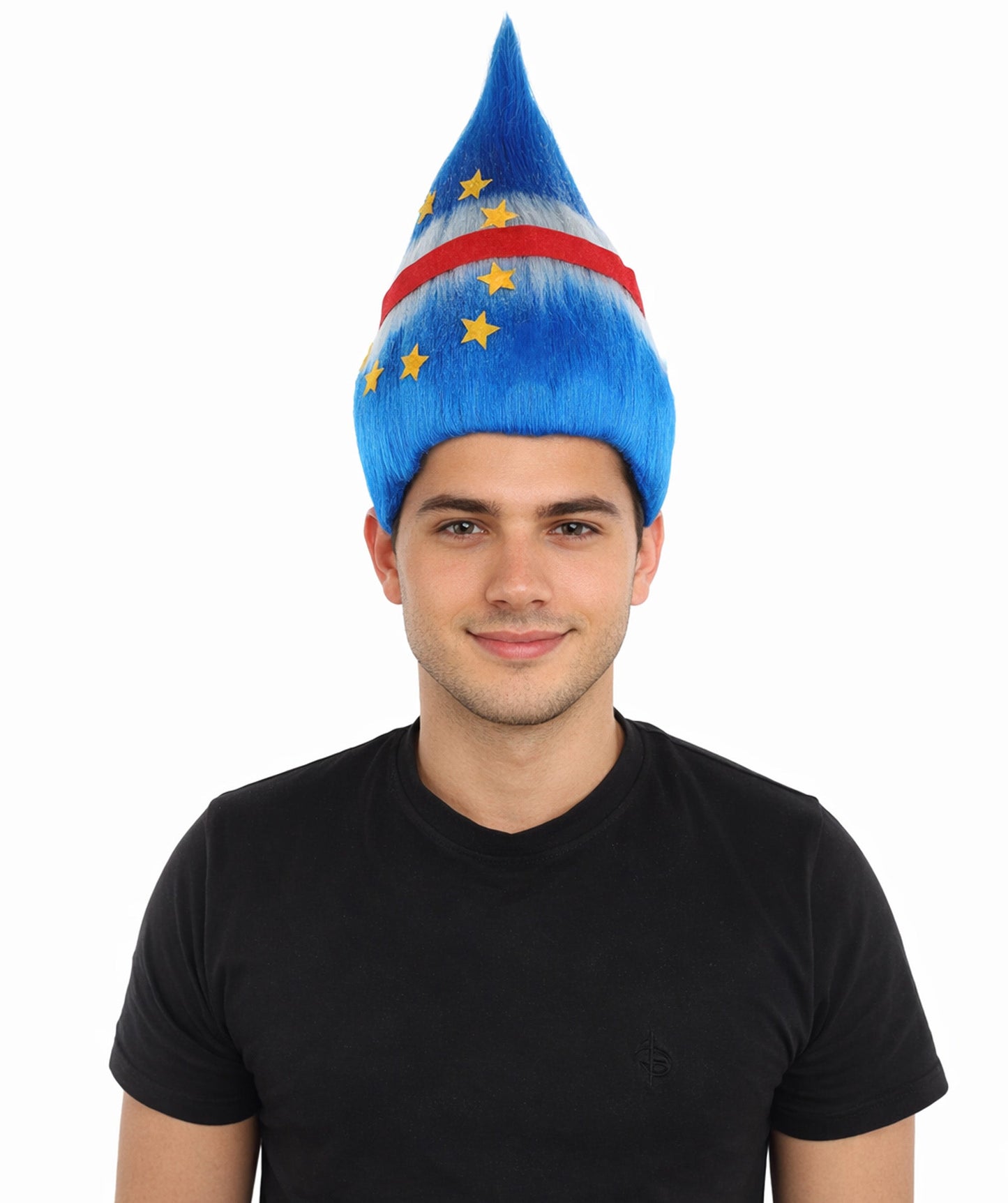 HPO Adult Unisex Cabo Verde Sports Troll Wig – Spiky Fan Wig in National Colors for Patriotic Events and Football Matches | Synthetic Fiber Headpiece with Capless Cap
