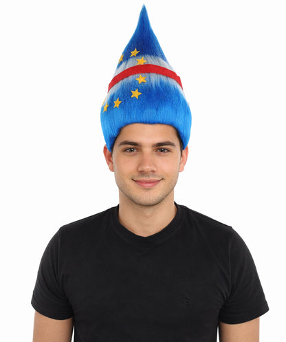 HPO Adult Unisex Cabo Verde Sports Troll Wig – Spiky Fan Wig in National Colors for Patriotic Events and Football Matches | Synthetic Fiber Headpiece with Capless Cap