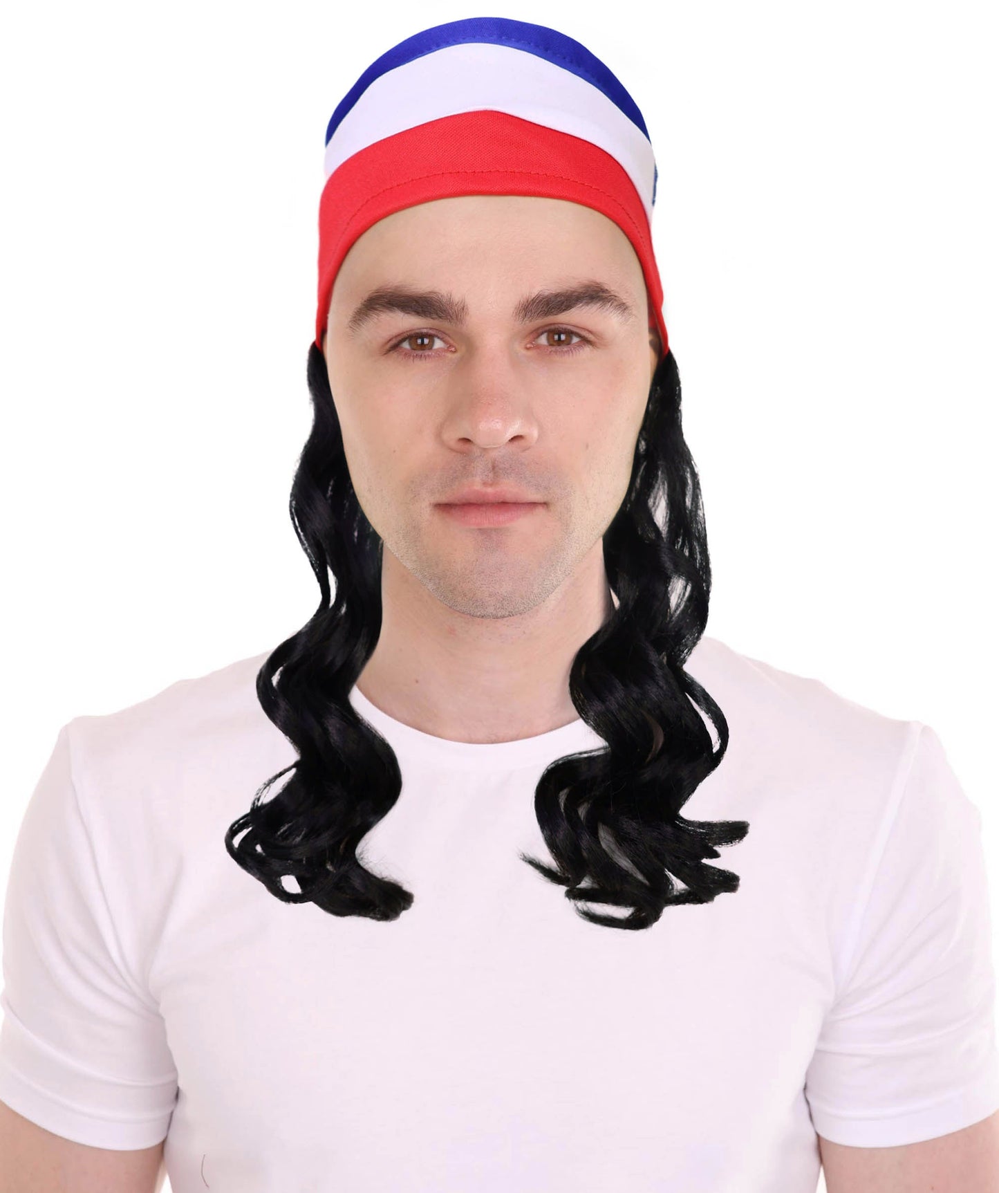 USA Flag Mullet Headband Wig for Men | Red White Blue Hair with Built-In Stretch Band | Funny Costume Accessory for Parties, BBQs, Tailgates