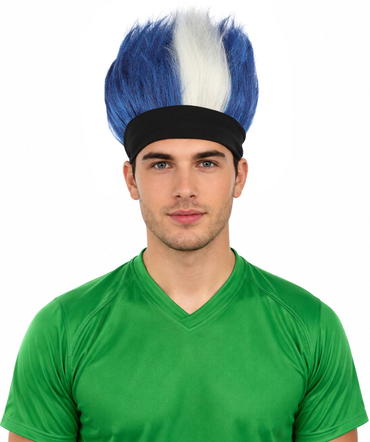 HPO Adult Men's Navy Blue and White Mohawk Wig | Spiky Upright Flame-retardant Synthetic Fiber Headband Design | Halloween Themed Party Football Fan Gear