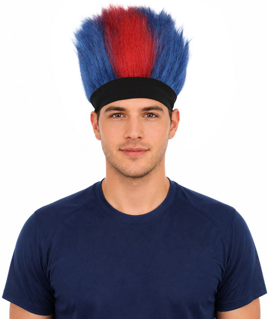 HPO Adult Men's Red and Blue Mohawk Wig | Tall Spiky Texture Flame-retardant Synthetic Fiber Headband Design | Halloween Themed Party Championship Parade Accessory
