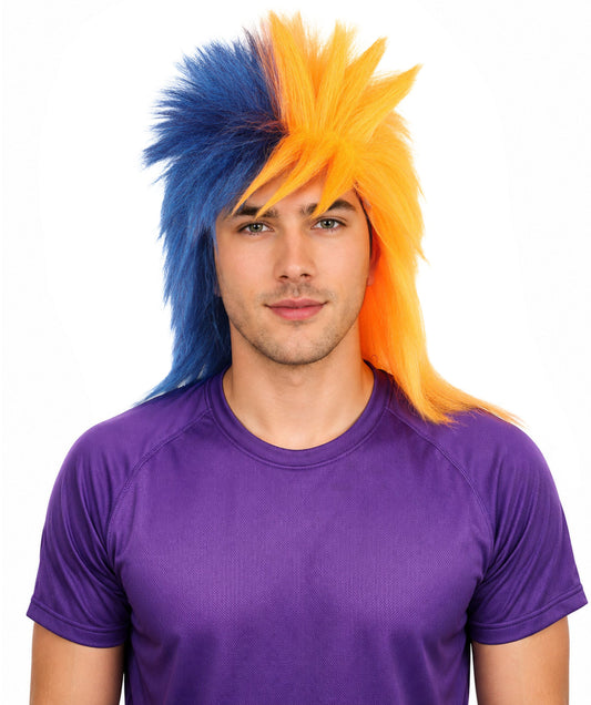 HPO Adult Navy Blue and Orange Sports Wig | Split Color Spiky Shag Style Flame-retardant Synthetic Fiber | Halloween Themed Party American Football Fan Gear