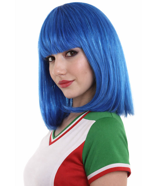 Bright Blue Bob with Blue Tinsel | Sparkly Celebrity Halloween Wig | Premium Capless Cap