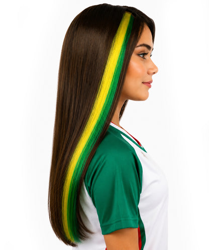 Adult Women's Brazilian Clip-in Hair Extension | Sleek straight green and yellow synthetic fibers featuring a secure snap attachment | Ideal for party, cosplay, theater, drag, performance, costume events