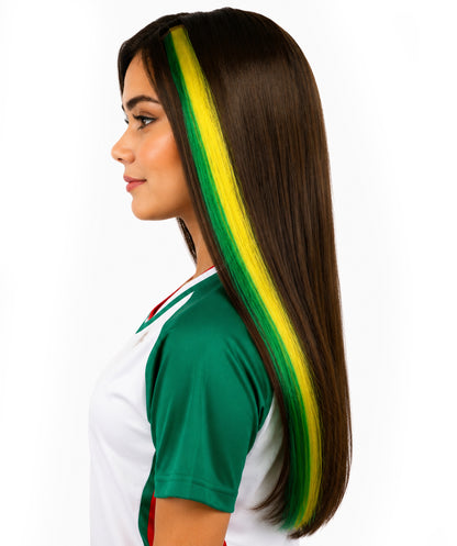 Adult Women's Brazilian Clip-in Hair Extension | Sleek straight green and yellow synthetic fibers featuring a secure snap attachment | Ideal for party, cosplay, theater, drag, performance, costume events