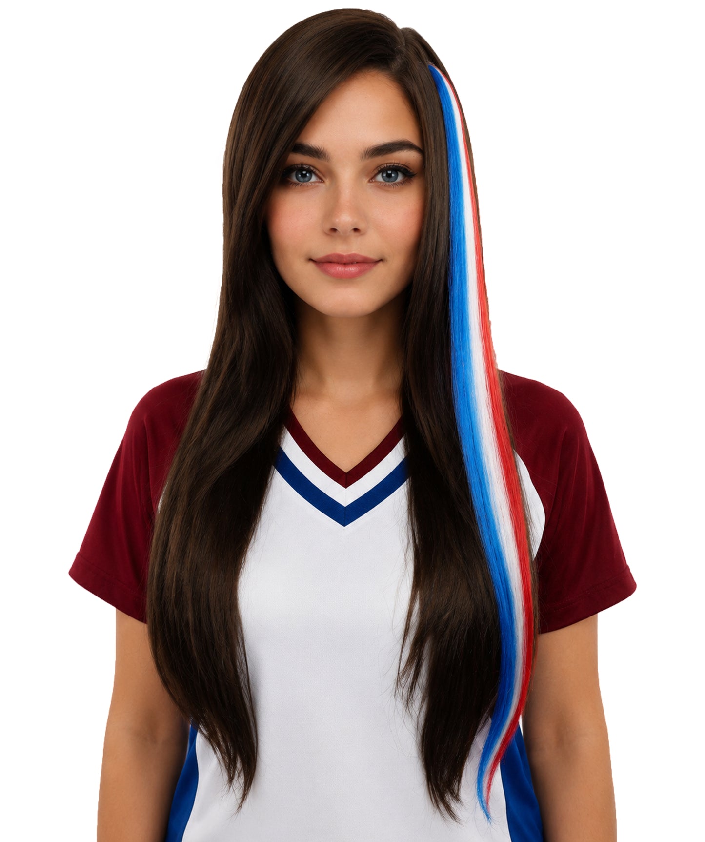 Adult Women's International Clip-in Hair Extension | Sleek red, white, and blue synthetic fibers featuring a secure snap attachment Ideal for party,  cosplay, theater, drag, performance, costume events