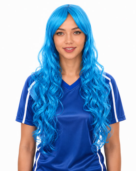 Long Curly Blue Womens Wig | Dramatical Cosplay Halloween Wig | Premium Breathable Capless Cap