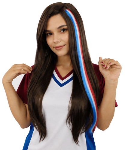 Adult Women's International Clip-in Hair Extension | Sleek red, white, and blue synthetic fibers featuring a secure snap attachment Ideal for party,  cosplay, theater, drag, performance, costume events
