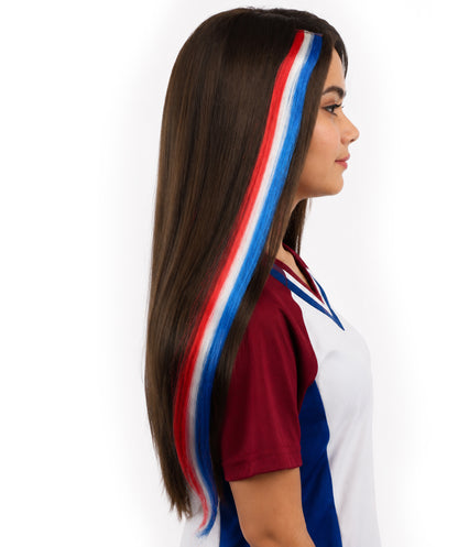Adult Women's International Clip-in Hair Extension | Sleek red, white, and blue synthetic fibers featuring a secure snap attachment Ideal for party,  cosplay, theater, drag, performance, costume events