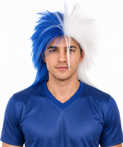 HPO Adult Two Tone Spirit Wig | Blue and White Messy Mullet Flame-retardant Synthetic Fiber | Halloween Themed Party Baseball Stadium Accessory