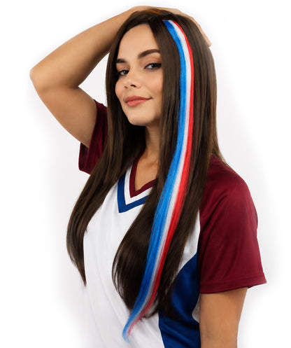 Adult Women's International Clip-in Hair Extension | Sleek red, white, and blue synthetic fibers featuring a secure snap attachment Ideal for party,  cosplay, theater, drag, performance, costume events
