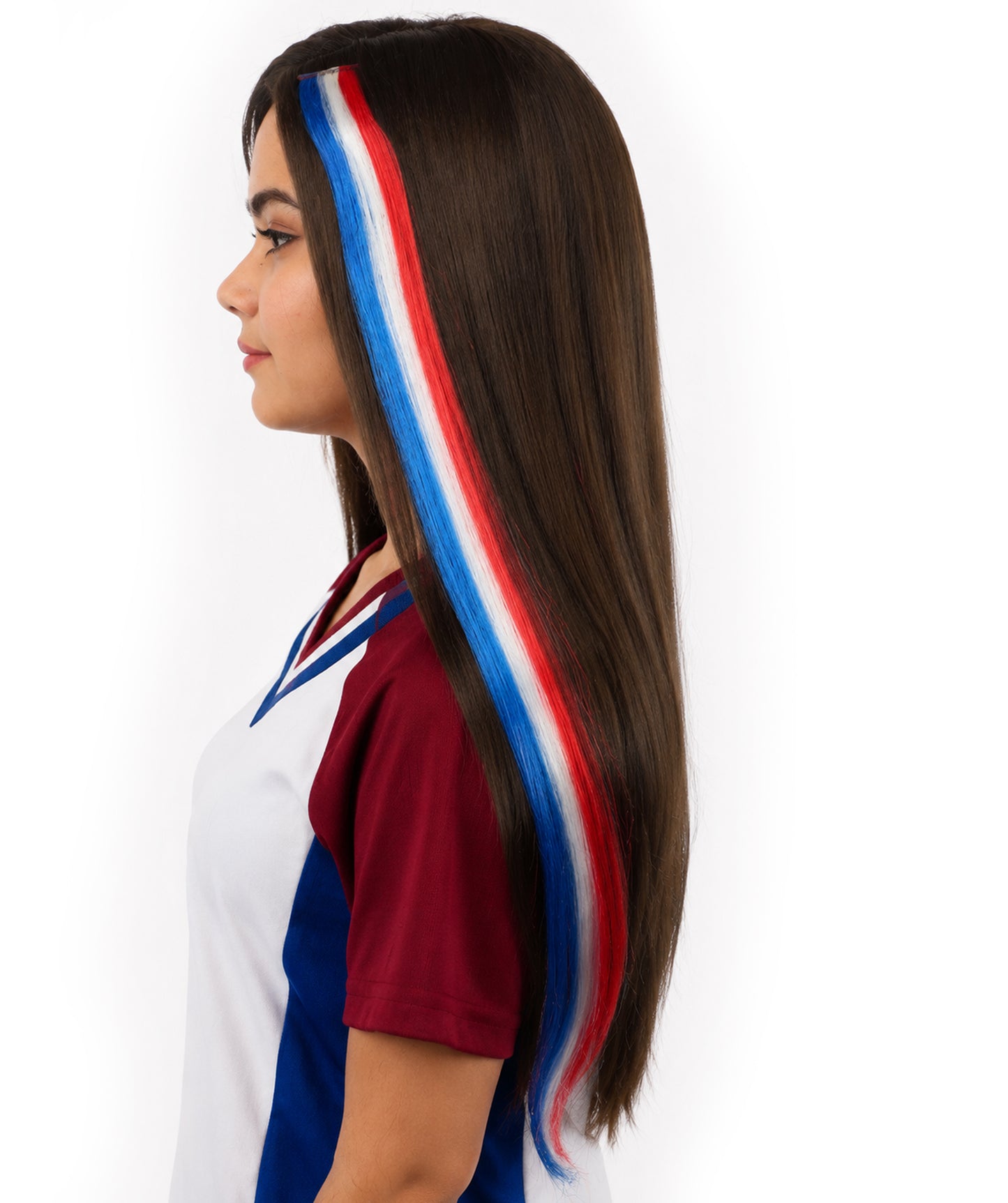 Adult Women's International Clip-in Hair Extension | Sleek red, white, and blue synthetic fibers featuring a secure snap attachment Ideal for party,  cosplay, theater, drag, performance, costume events