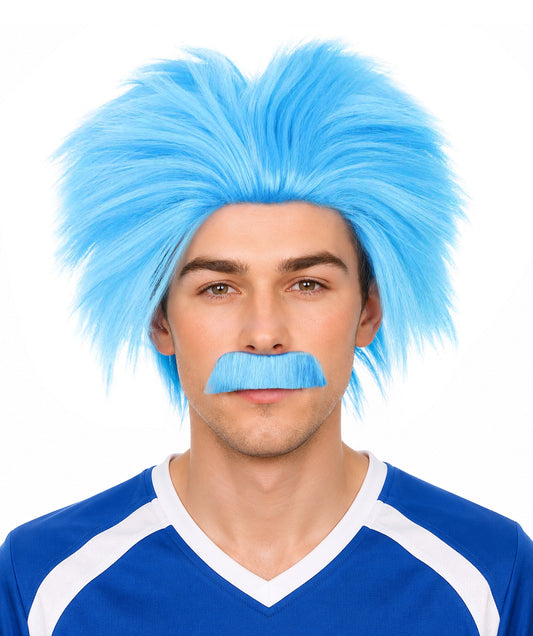 Blue Mad Scientist Wig & Mustache | Mens Cosplay Halloween Wig | Premium Breathable Capless Cap