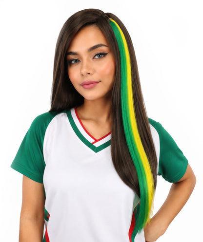 Adult Women's Brazilian Clip-in Hair Extension | Sleek straight green and yellow synthetic fibers featuring a secure snap attachment | Ideal for party, cosplay, theater, drag, performance, costume events