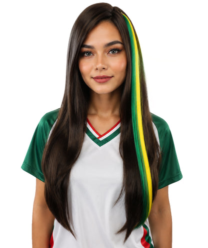 Adult Women's Brazilian Clip-in Hair Extension | Sleek straight green and yellow synthetic fibers featuring a secure snap attachment | Ideal for party, cosplay, theater, drag, performance, costume events