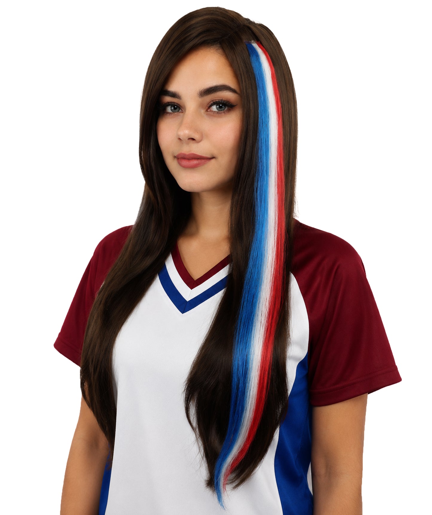 Adult Women's International Clip-in Hair Extension | Sleek red, white, and blue synthetic fibers featuring a secure snap attachment Ideal for party,  cosplay, theater, drag, performance, costume events