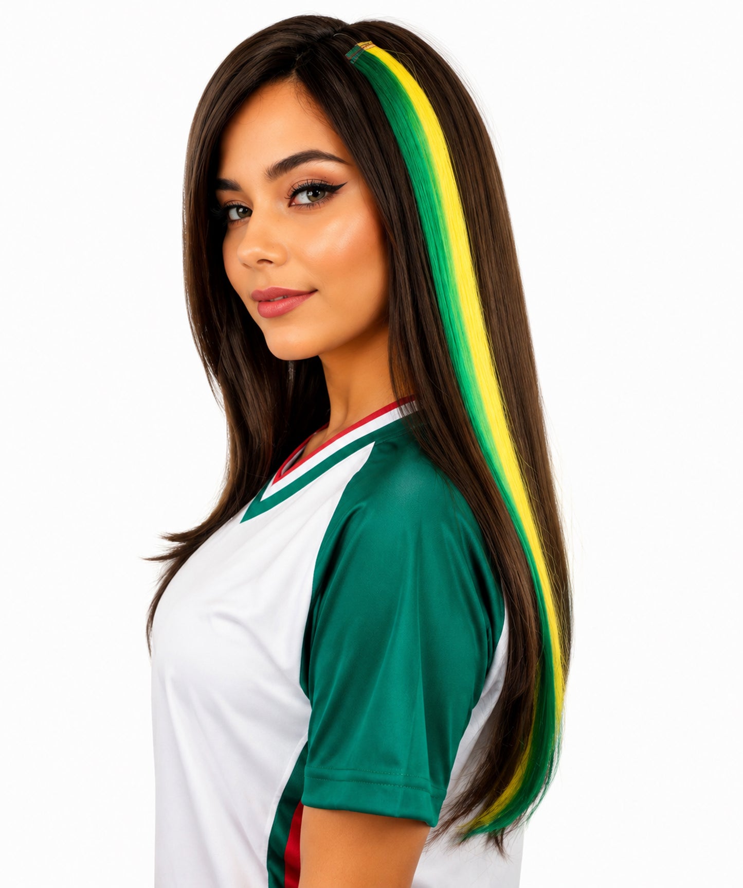 Adult Women's Brazilian Clip-in Hair Extension | Sleek straight green and yellow synthetic fibers featuring a secure snap attachment | Ideal for party, cosplay, theater, drag, performance, costume events