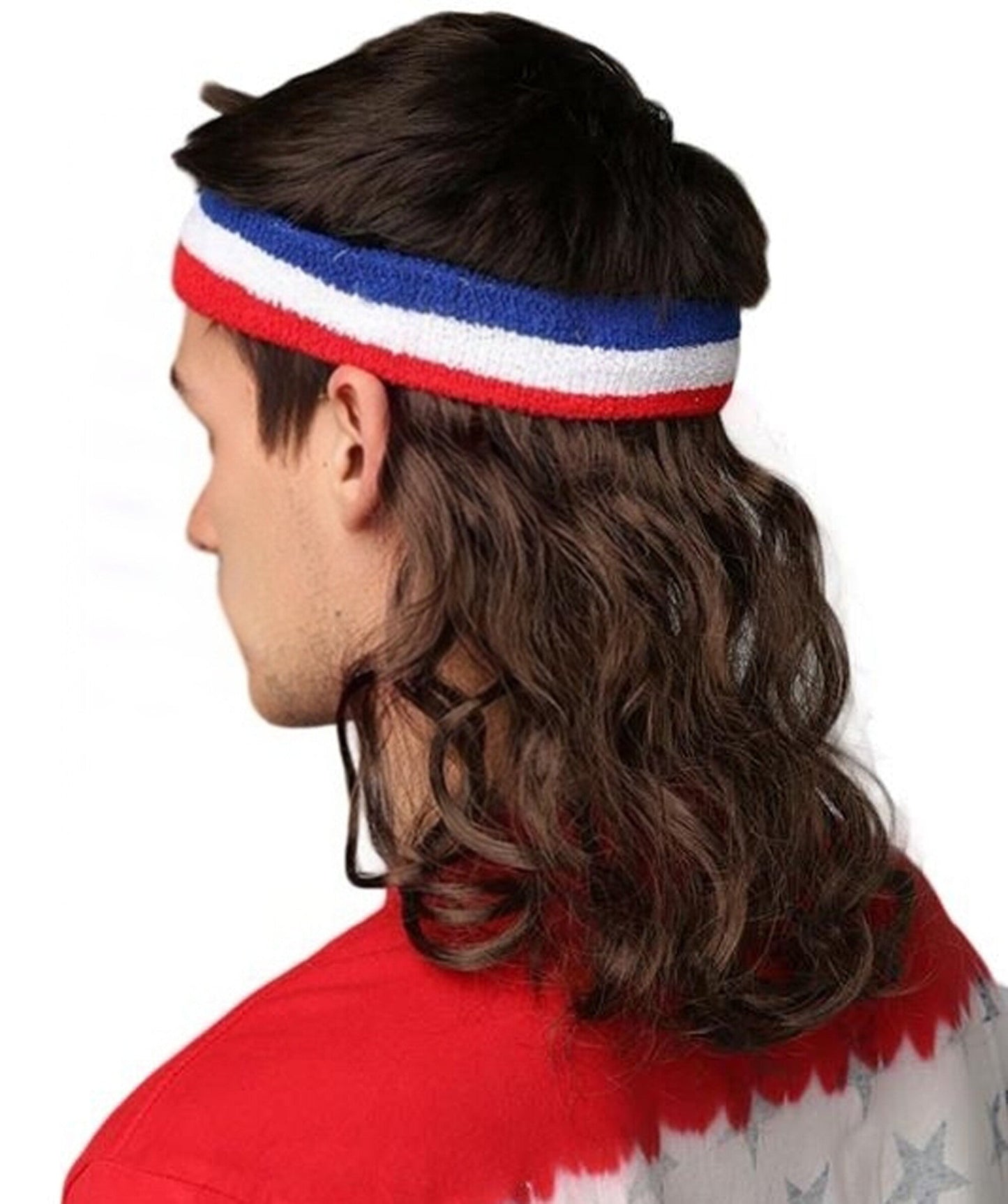 USA Flag Mullet Headband Wig for Men | Red White Blue Hair with Built-In Stretch Band | Funny Costume Accessory for Parties, BBQs, Tailgates